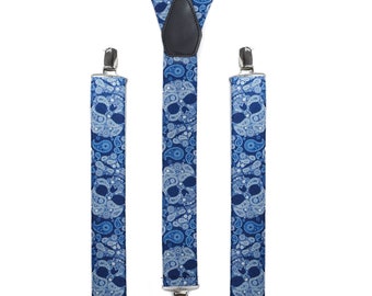 Mens Blue Skull Braces | Unisex Elastic Clip on Braces | Novelty Hipster Suspenders for Men | Trouser Braces