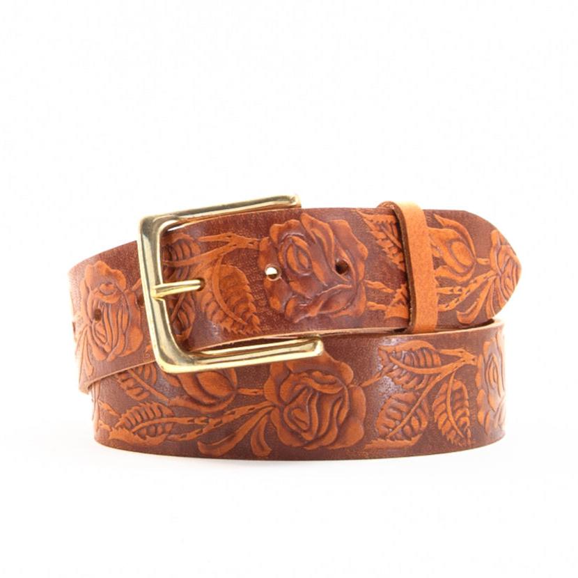 Handmade Embossed Floral Tan Leather Belt, Full Grain 