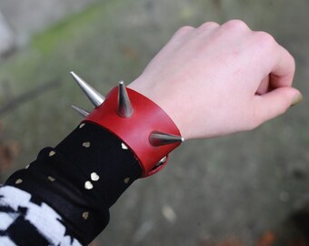 SALE Red Leather Spiked Bracelet | Leather Stud Wristband | Leather Wrist Cuff | Cyber Punk Y2K Retro