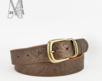 Brown Leather Belt 1 1/8" Wide | Tooled Leather Belt 30mm | Buckle and Metal Loop Belt | Embossed Belt | Rose and Foliage