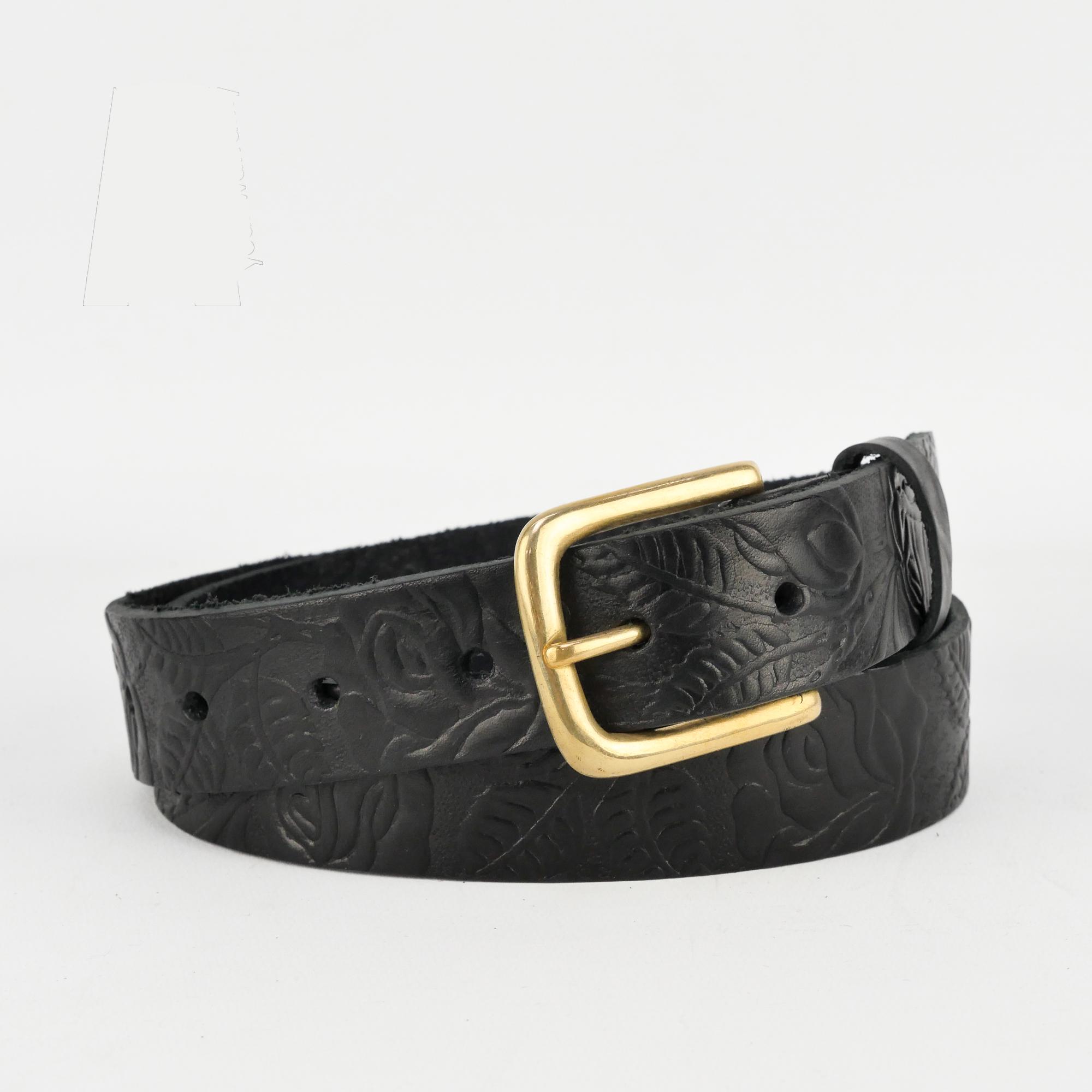 Handmade Black Floral Embossed Leather Belt, Italian Veg Tan 
