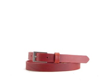 Burgundy Leather Skinny Belt | 3/4 inch Wide, 29-31 inch
