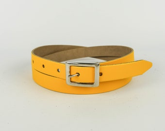 Leather Belt Handmade Bright Yellow 3/4&quot; // Ladies 20mm Real Leather Skinny Belt
