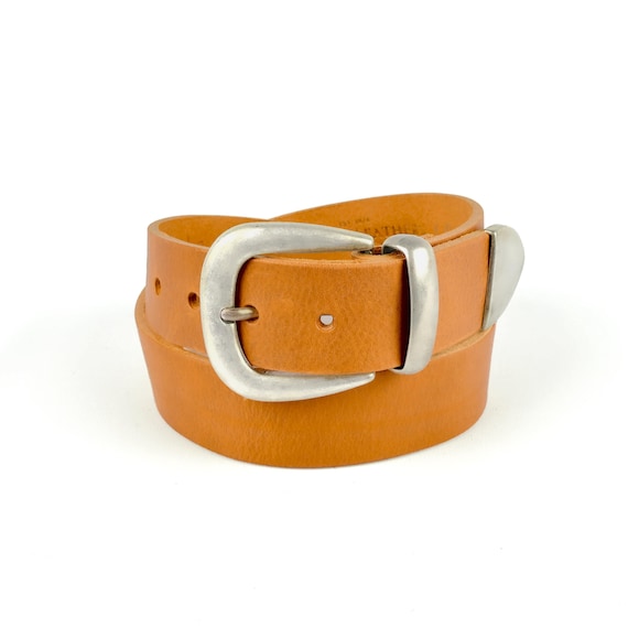 Handmade Tan Leather Cowboy Belt, Silver Tipped Buckle  display picture 2