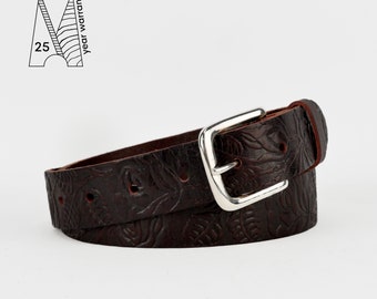 Dark Brown Embossed Leather Belt 1 1/4" // Brown Classic Trouser Belt // 32mm // 1.25" // Unisex Belt Tooled