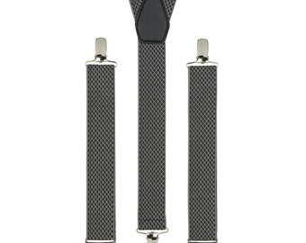Silver Basketweave Suspenders, Handmade Elastic Adjustable Clip-On Suspenders