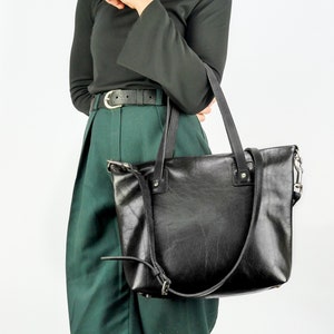Large Leather Tote Bag Zipped Leather Crossbody Bag Soft Black Leather Tote with Pocket Removable Leather Strap image 1