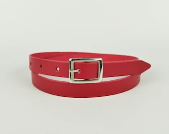 Red Leather Belt Handmade 3/4" // Ladies 20mm Real Leather Skinny Belt