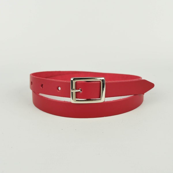 Red Leather Belt Handmade 3/4" // Ladies 20mm Real Leather Skinny Belt