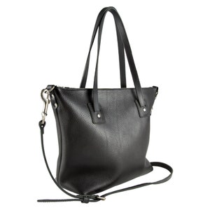 Large Leather Tote Bag Zipped Leather Crossbody Bag Soft Black Leather Tote with Pocket Removable Leather Strap image 2