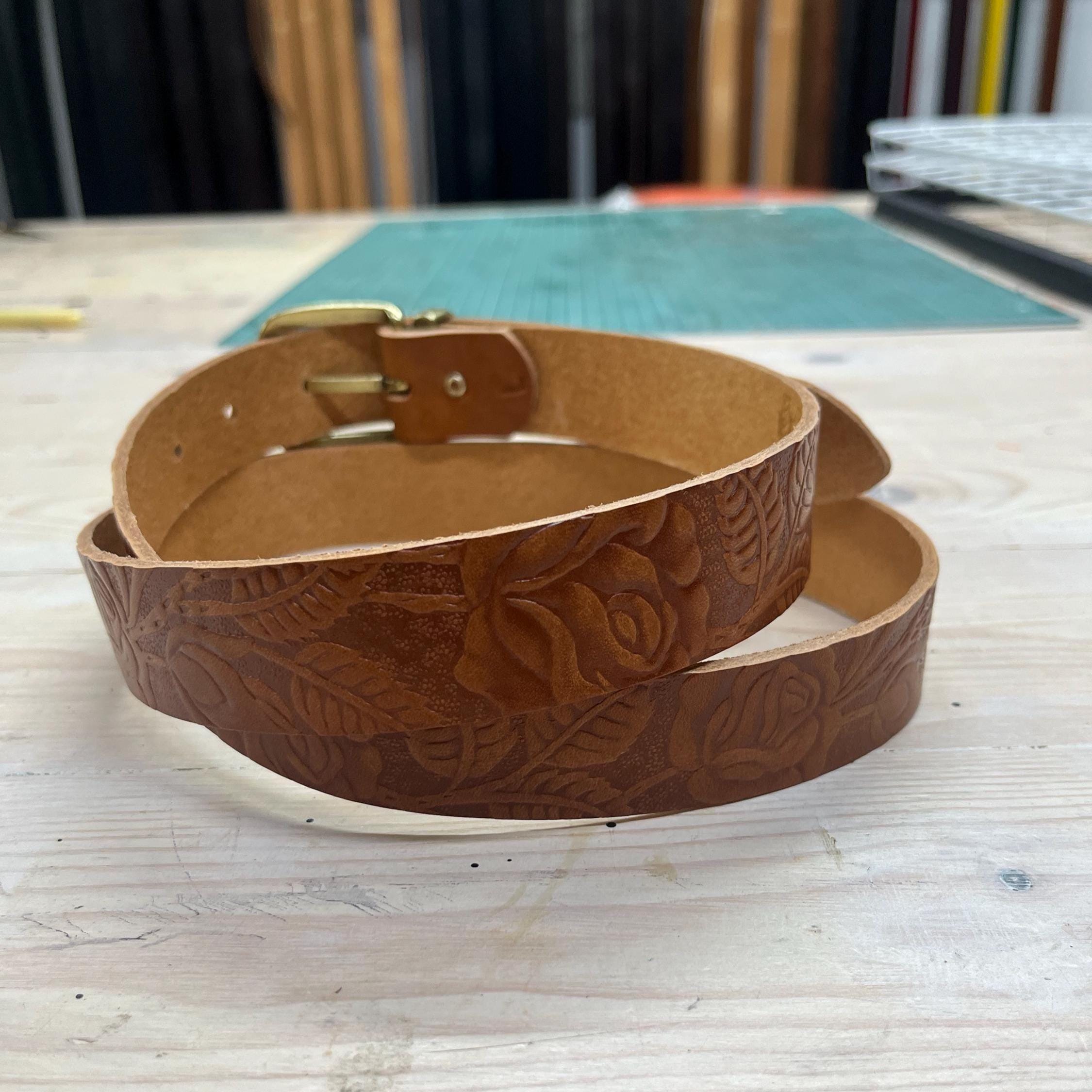 Tooled Leather Belt | Tan Floral Embossed, Gold Buckle (36 