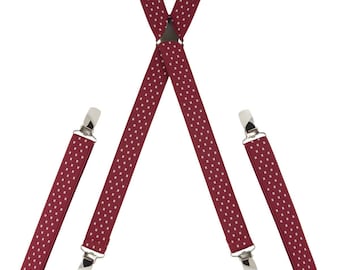 Polka-Cross Red Elastic Suspenders, Handmade Skinny Adjustable Trouser Braces