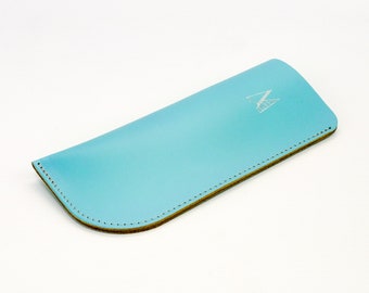 Leather Glasses Case // Light Blue Handmade Leather Spectacles Case // Bright Sky Blue Sunglasses Pouch // Chroma