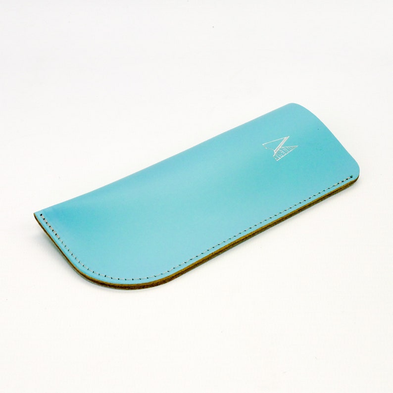 Leather Glasses Case // Light Blue Handmade Leather Spectacles Case // Bright Sky Blue Sunglasses Pouch // Chroma image 1