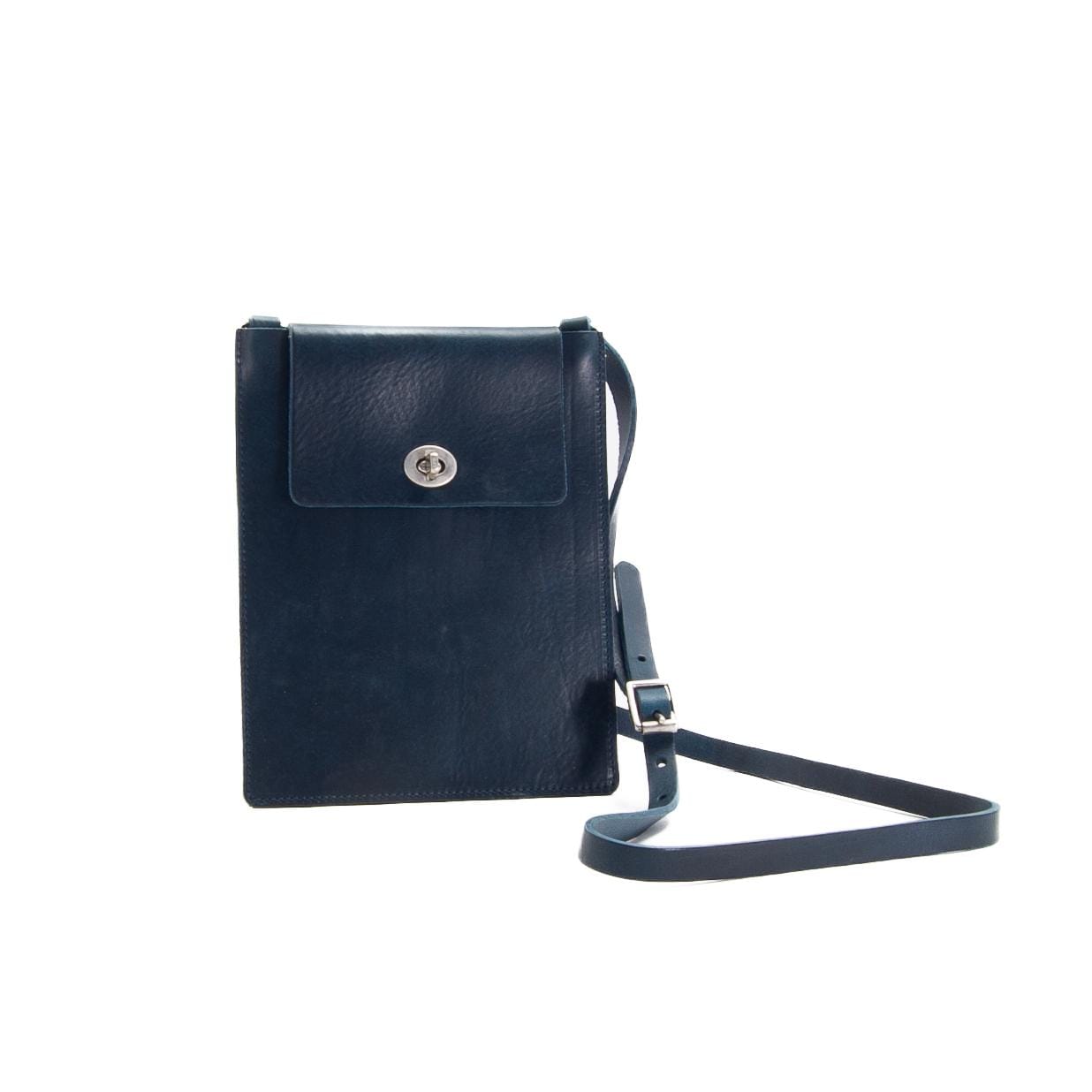 Leather Navy Handmade Shoulder Bag Medium Slim Turnlock