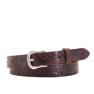 Brown Leather Belt 1&quot; // Full Grain Leather Embossed Classic Belt // 25mm Leather Skinny Brown Belt