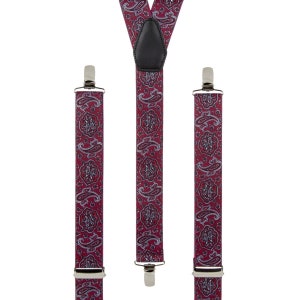 Men&#39;s Red Paisley Braces | Unisex Elastic Clip on Burgundy Trouser Braces | Novelty Hipster Suspenders for Men