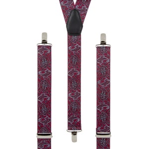 Men's Red Paisley Braces | Unisex Elastic Clip on Burgundy Trouser Braces | Novelty Hipster Suspenders for Men