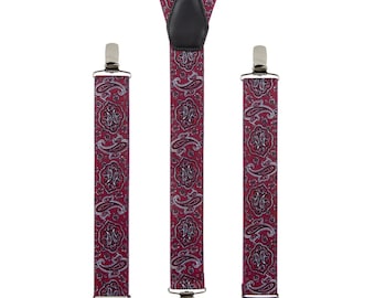 Men's Red Paisley Suspenders, Handmade Elastic Adjustable Clip-On Braces