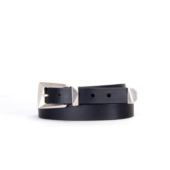 Handmade Geometric Black Leather Belt, Silver Buckle Loop  display picture 1