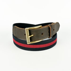 Navy Stretch Belt | 35mm Red Stripe Webbing Belt with Leather Tabs | Elasticated Belt | Canvas Chino belt