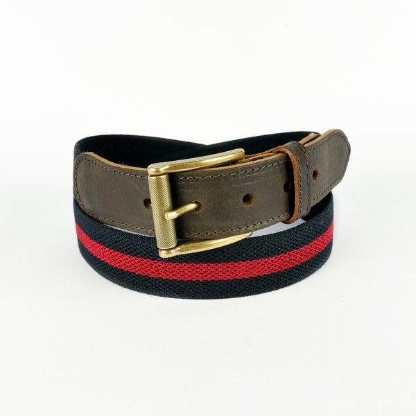 Navy Stretch Belt | 35mm Red Stripe Webbing Belt with Leather Tabs | Elasticated Belt | Canvas Chino belt