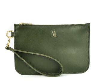 Olive Green Leather Clutch Bag Handmade // Soft Italian Leather Wristlet // Roam