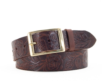 The Limited Italian Leather Brown Belt Gold Floral Buckle Western Boho Size S Leather Belts - Brown Western Floral Embossed — Farmericana  main image 4