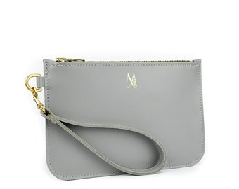 gray leather clutch
