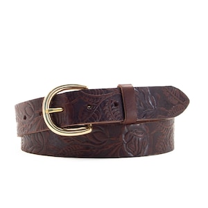 Brown Embossed Leather Belt 1 1/4&quot; // Brown Classic Trouser Belt // 32mm // 1.25&quot; // Unisex Belt Tooled