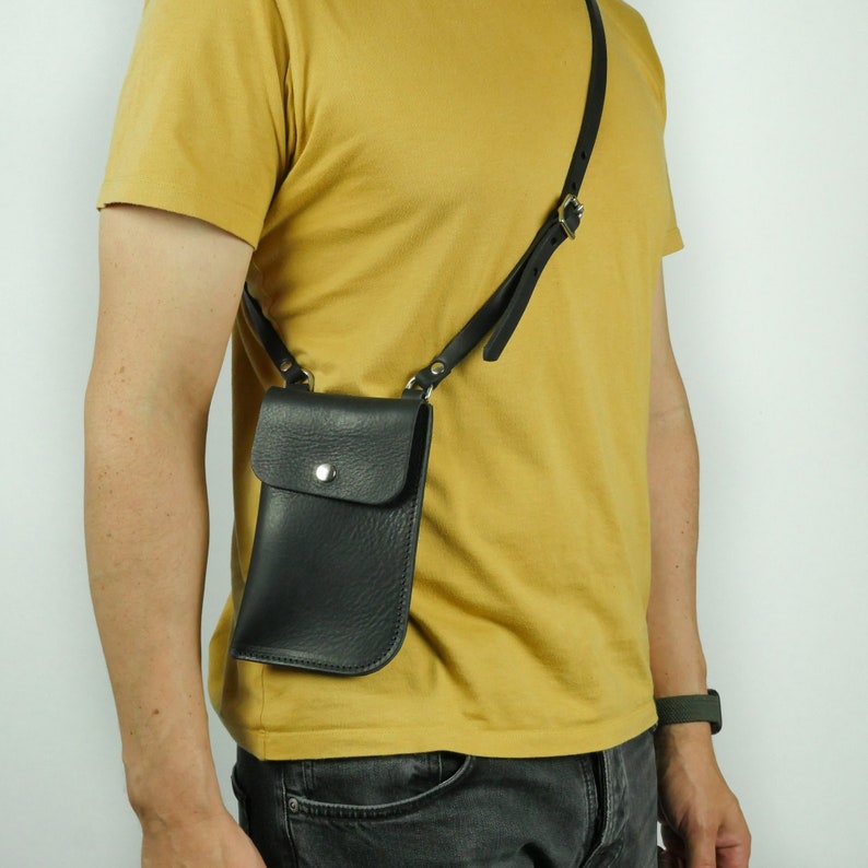 Black Leather Phone Pouch Handmade Leather Sling Bag Leather Neck Pouch Phone Holder image 7