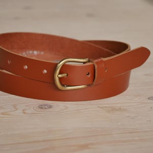 May include: A brown leather belt with a brass buckle. The belt is folded in half and the buckle is visible.