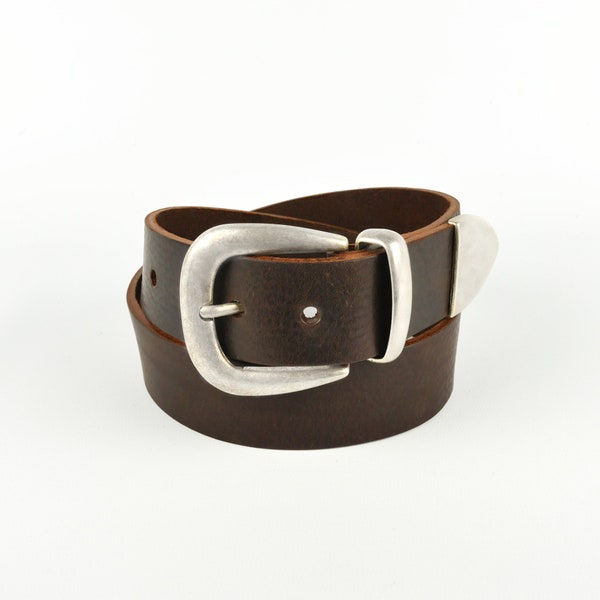 Brown Leather Cowboy Belt // Silver Tipped Belt // Womens Belt // 1 1/2" 3 Piece Buckle // 38mm Real Leather Belt