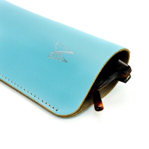 Leather Glasses Case // Light Blue Handmade Leather Spectacles Case // Bright Sky Blue Sunglasses Pouch // Chroma image 3