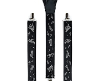 Musical Instrument Braces, Unisex Black and White Novelty Suspenders, Elastic Clip on