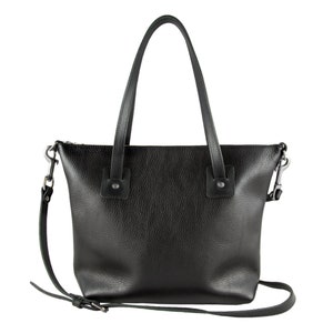 Large Leather Tote Bag Zipped Leather Crossbody Bag Soft Black Leather Tote with Pocket Removable Leather Strap image 3