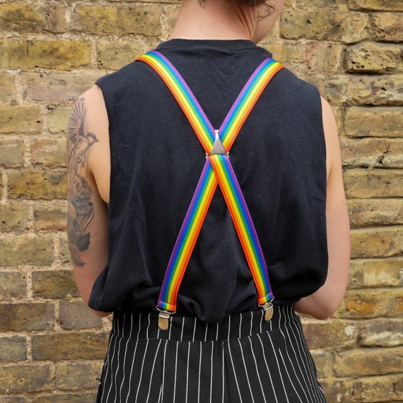 Rainbow Skinny Braces // Pride Flag Elastic Clip on Braces // X Back  Elasticated Suspenders // Handmade Pride Braces 