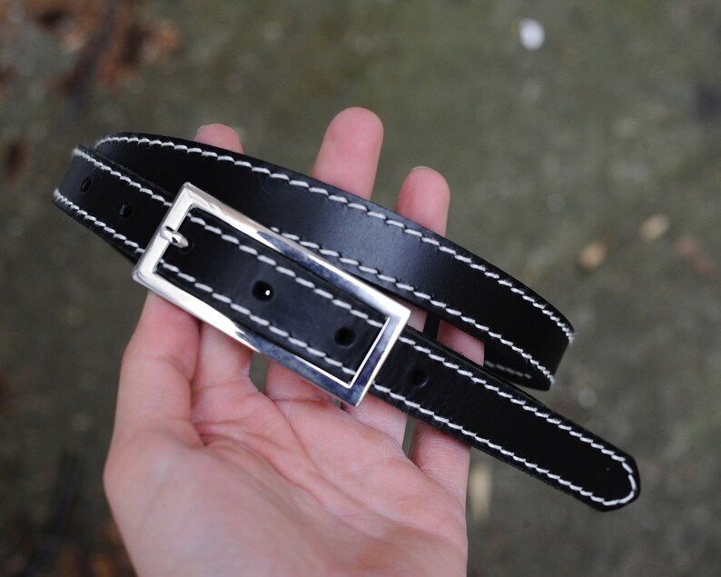 Skinny Leather Belt SALE Black Leather Belt Stitched Leather Belt Contrasting Decorative Stitch