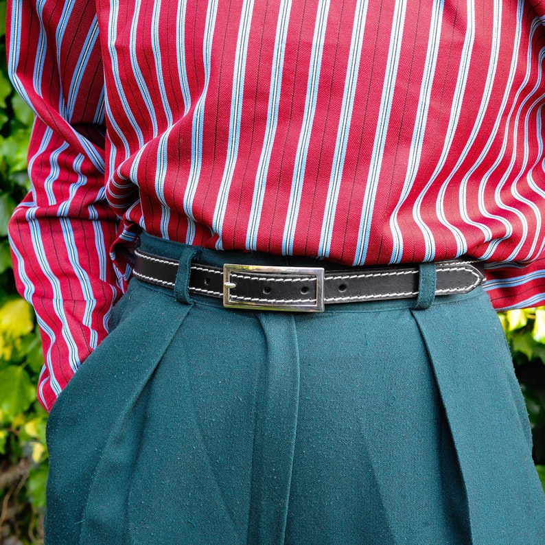 Skinny Leather Belt SALE Black Leather Belt Stitched Leather Belt Contrasting Decorative Stitch