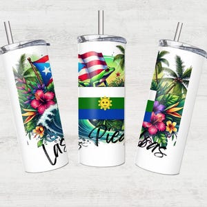 May include: Three stainless steel tumblers with colorful tropical designs and flags. The tumblers feature the text "Las Islas", "Piel", and "Islas".