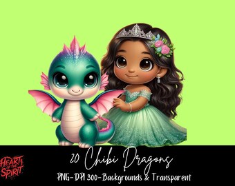 Chibi Dragon Clip Art Bundle 300 DPI PNG Digital Graphics, Adorable Fantasy Illustrations