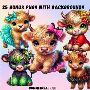 Clipart schattige baby hooglandkoe 25 schattige ontwerpen digitale download png-bestand voor sublimatie, afdrukbaar vinyl en knutselen