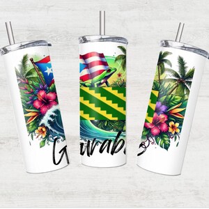 May include: Three white tumblers with lids and straws. Each tumbler features a different design with tropical plants, a frog, and the Puerto Rican flag. The text "Guayaba" is printed on the bottom of the tumblers.