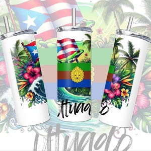 May include: Three stainless steel tumblers with different designs. The first tumbler features a tropical scene with palm trees, flowers, and a wave. The second tumbler features a green frog on a wave with a Puerto Rican flag and a sun symbol. The third tumbler features a tropical scene with palm trees, flowers, and a wave. All tumblers have a straw.