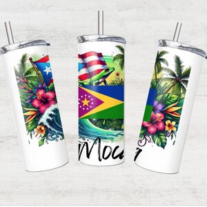 May include: Three white stainless steel tumblers with colourful designs. The tumblers feature tropical flowers, palm trees, a green frog, and flags of Puerto Rico and the Federated States of Micronesia. The tumblers have clear plastic straws.