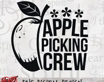 May include: Black and white graphic design of an apple with the text "Apple Picking Crew" in a bold font. The design is perfect for a fall-themed craft project.