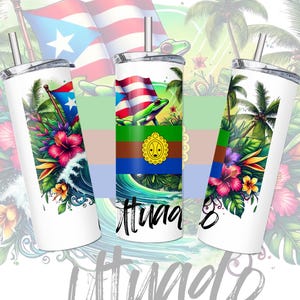 May include: Three white stainless steel tumblers with different designs. The first tumbler features a tropical scene with palm trees, flowers, and a wave. The second tumbler has a green and blue design with a wave, a green lizard, and a flag. The third tumbler has a tropical scene with palm trees, flowers, and a wave.