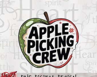 May include: A red and green apple with a bite taken out of it. The apple has the text "APPLE PICKING CREW" in black letters.