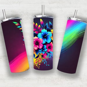 May include: Three insulated tumblers with stainless steel lids and straws. One has a pink, orange, and yellow gradient. Another features a floral design with blue and pink hibiscus. The third has a rainbow wave design.