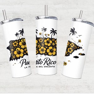 May include: Three white stainless steel tumblers with black and yellow designs. The tumblers feature a black outline of the island of Puerto Rico with yellow hibiscus flowers. The text "Puerto Rico, La Isla del Encanto" is printed on the tumbler.